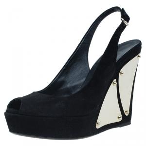 مملوكة مسبقًا Gucci Black Suede Peep Toe Slingback Platform Wedge Sandals Size 36
