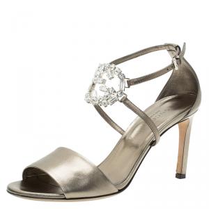 Pre Owned Gucci Metallic Bronze Leather Embellished GG Logo Ankle Strap Sandals Size 37
