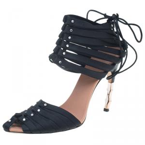 Pre Owned Gucci X Tom Ford Satin Studded Corset Bamboo Detail Tie Up Sandals Size 38.5