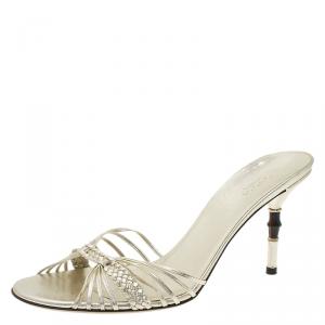 Pre Owned صندل سلايد غوتشي جلد ذهبي ميتاليك مقاس 41