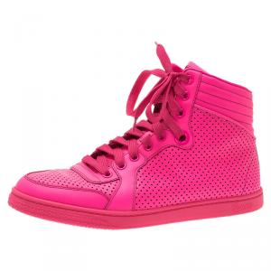 Pre Owned Gucci Neon Pink Leather Interlocking G High Top Sneakers Size 38