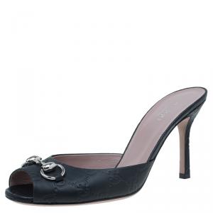 مملوكة مسبقًا Gucci Black Guccissima Leather New Hollywood Horsebit Mules Size 38