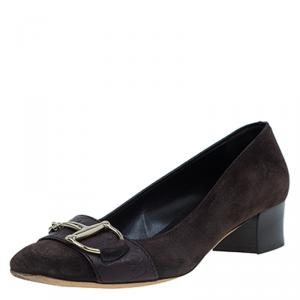 مملوكة مسبقًا حذاء كعب عالي غوتشي سويدي بني و جلد GG بكعب مربع سميك مقاس 38