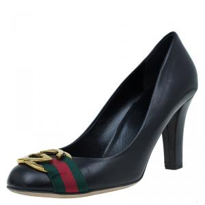 مملوكة مسبقًا حذاء كعب عالي غوتشي جلد أسود إبزيم G متداخلة شريط ويب مقاس 38