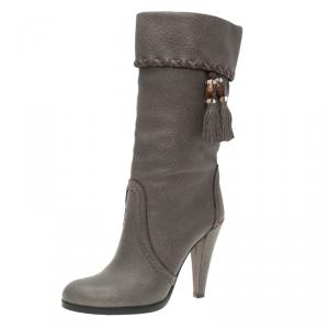 Pre Owned Gucci Grey Leather Bamboo Tassel Knee Boots Size 36.5