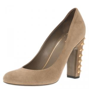 Pre Owned Gucci Brown Suede Studded Block Heel Pumps Size 37