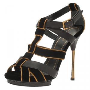 Pre Owned صندل غوتشي ماليكا قطيفة سوداء وجلد بسيور مقاس 37.5