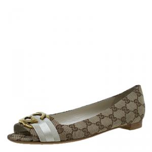 مملوكة مسبقًا حذاء باليرينا فلات غوتشي كانفاس غوتشيسيما بيج GG متداخلة مقدمة مفتوحة مفاس 39