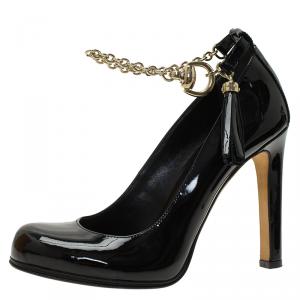 مملوكة مسبقًا حذاء كعب عالي غوتشي شايل جلد أسود لامع بحزام للكاحل و شراشيب مقاس 36