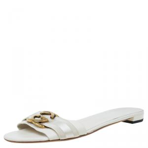 Pre Owned Gucci Cream Leather Interlocking GG Flat Slides Size 40.5