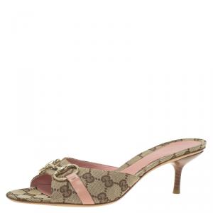 Pre Owned Gucci Beige GG Canvas Horsebit Mules Size 40