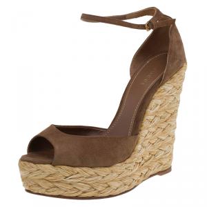 Pre Owned Gucci Brown Suede Ankle Strap Woven Jute Platform Wedges Size 39