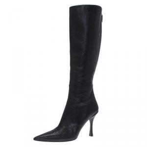 Pre Owned Gucci Black Leather Back Zipper Knee Boots Size 36.5