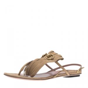Pre Owned Gucci Beige Suede Becky Horsebit Fringe Thong Sandals Size 37.5