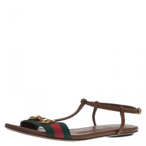 مملوكة مسبقًا صندل فلات غوتشي ليليانا جلد بني بنمط الويب المزين مقاس 36.5