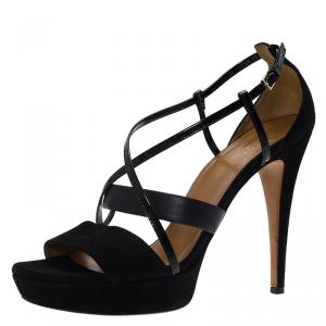 Pre Owned Gucci Black Leather and Suede Cross Strap Platform Sandals Size 39.5