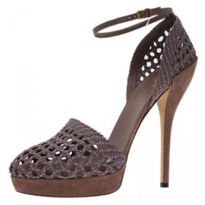 مملوكة مسبقًا Gucci Brown Woven Leather Kyligh Ankle Strap Platform Sandals Size 41