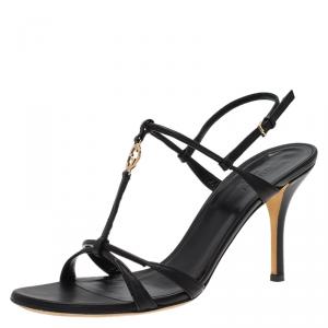 Pre Owned Gucci Black Leather Interlocking GG Logo T-Strap Sandals Size 39