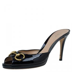 Pre Owned Gucci Black Patent Leather New Hollywood Horsebit Mules Size 39.5