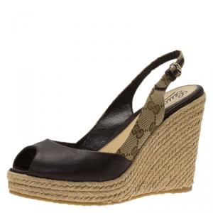 Pre Owned Gucci Brown Leather and GG Canvas Slingback Espadrille Wedges Size 38.5