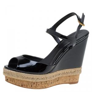Pre Owned Gucci Black Patent Hollie Wedge Sandals Size 38.5