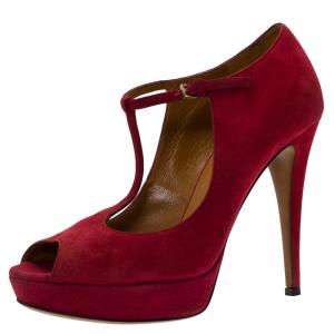 Pre Owned Gucci Red Suede Betty T-Strap Platform Pumps Size 37.5