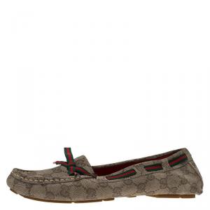 Pre Owned Gucci Beige GG Print Leather Bow Loafers Size 38