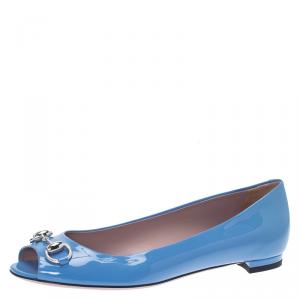 مملوكة مسبقًا Gucci Mineral Blue Patent Jolene Horsebit Peep Toe Ballet Flats Size 36.5