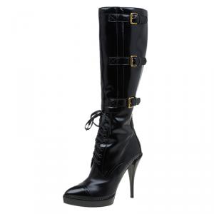 Pre Owned Gucci Black Leather Riddle Lace-Up Platform Knee Boots Size 39