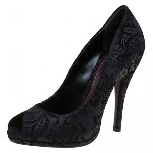 Pre Owned Gucci Black Brocade Leather Elizabeth  Peep Toe Pumps Size 38.5