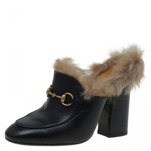 مملوكة مسبقًا Gucci Black Leather Fur Lined Princetown High Heeled Mules Size 37