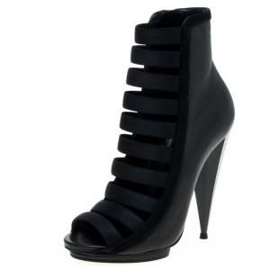 Pre Owned Gucci Black Leather and Suede Olimpia Elastic Ladder Strap Bootie Size 38