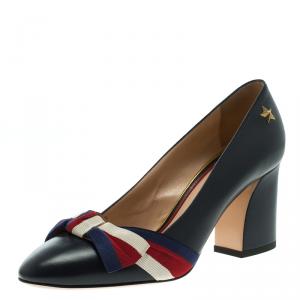 Pre Owned Gucci Oxford Blue Leather Aline Block Heel Pumps Size 36.5