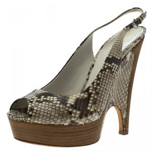 Pre Owned Gucci Grey Python Clemence Platform Peep Toe Slingback Wedges Size 39