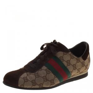 Pre Owned Gucci Beige Guccisima Canvas And Suede Web Detail Low Top Sneakers Size 37