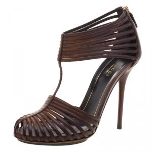 مملوكة مسبقًا Gucci Brown Leather Tamponato Strappy Sandals Size 37