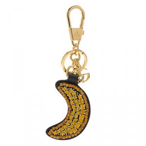 Pre Owned Gucci Rhinestone Embellished Black Leather Moon Keyring