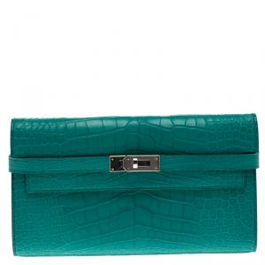 Hermes Blue Paon Alligator Long Kelly Wallet 