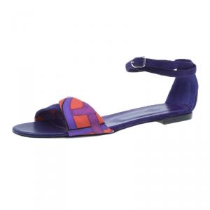 Hermes Purple Suede and Printed Silk Flat Sandals Size 39