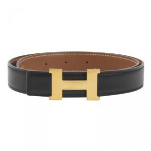 Pre Owned Hermes Black and Brown Leather Mini Constance Buckle Belt 65CM