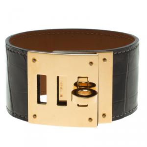 Pre Owned Hermes Kelly Dog Brown Alligator Leather Gold Plated Wide Bracelet