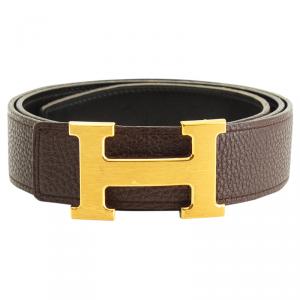 Hermes Brown and Black Leather H Buckle Reversible Belt 85CM