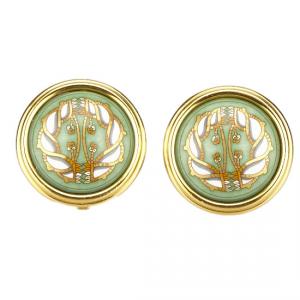 مملوكة مسبقًا Hermes Cloisonne Green Gold Tone Clip On Earrings
