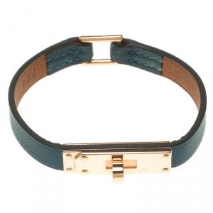 Pre Owned Hermes Micro Kelly Blue Leather Rose Gold Plated Narrow Bracelet XS