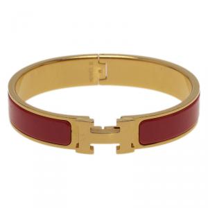 Pre Owned Hermes Clic Clac H Narrow Red Enamel Gold-Plated Bracelet GM
