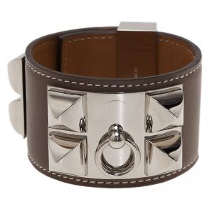 Pre Owned Hermès Collier de Chien Taupe Calfskin Leather Palladium Plated Cuff Bracelet