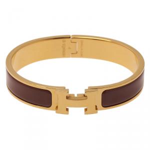 Pre Owned Hermes Clic Clac H Narrow Brown Enamel Gold-Plated Bracelet