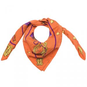 Pre Owned Hermes Orange Silk Printed Square Scarf