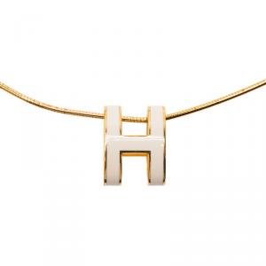 Pre Owned Hermes Pop H White Lacquered Gold Tone Pendant Necklace