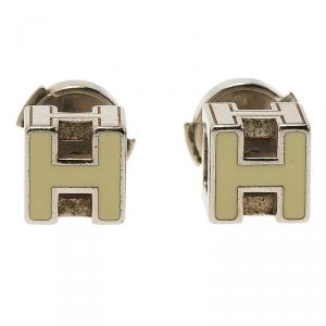 Pre Owned Hermes Cage d'H White Enamel Palladium Plated Earrings
